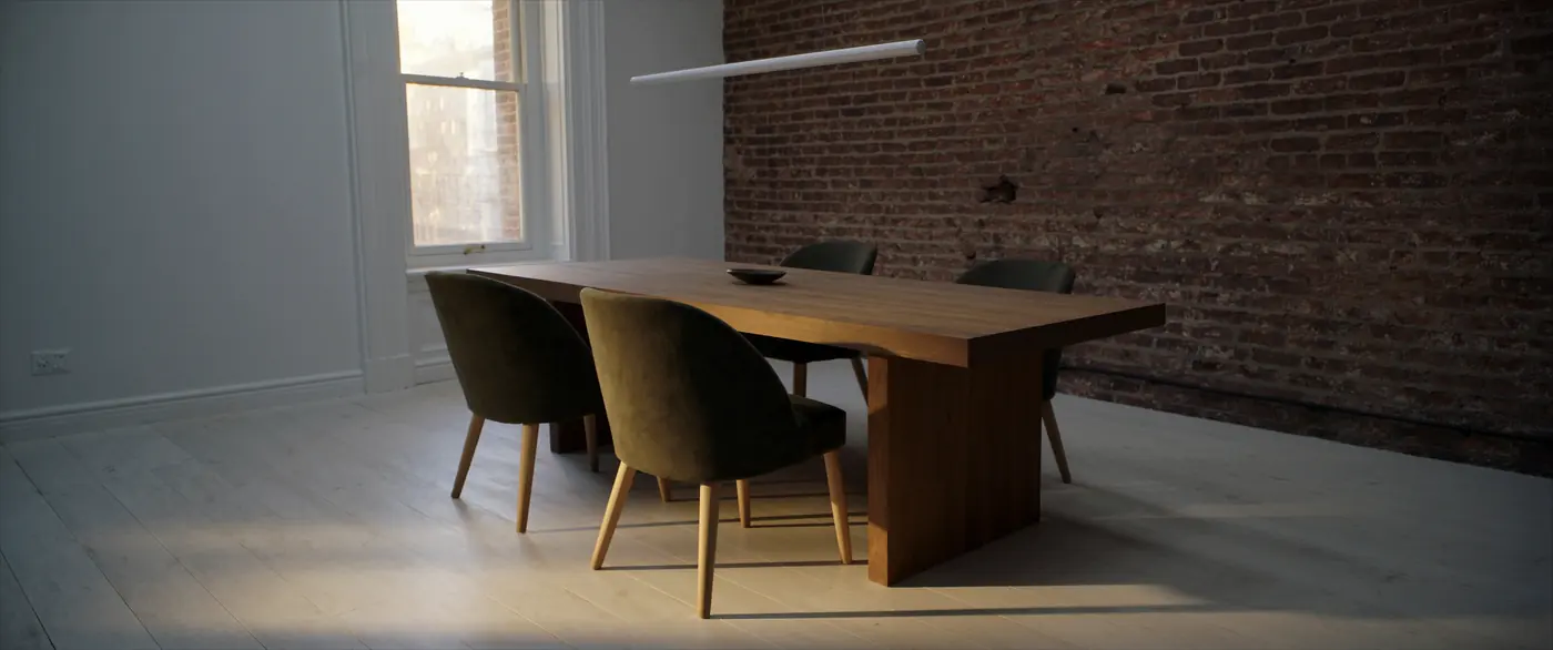Salle à manger, mur de brique, table en chêne et chaises en velours