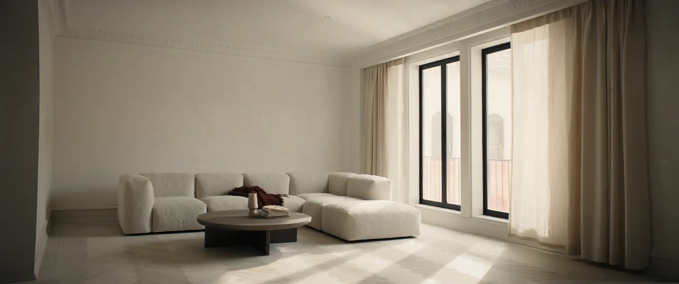 Salon d'appartement montréalais, sectionnel en bouclé clair, lumière d'hiver
